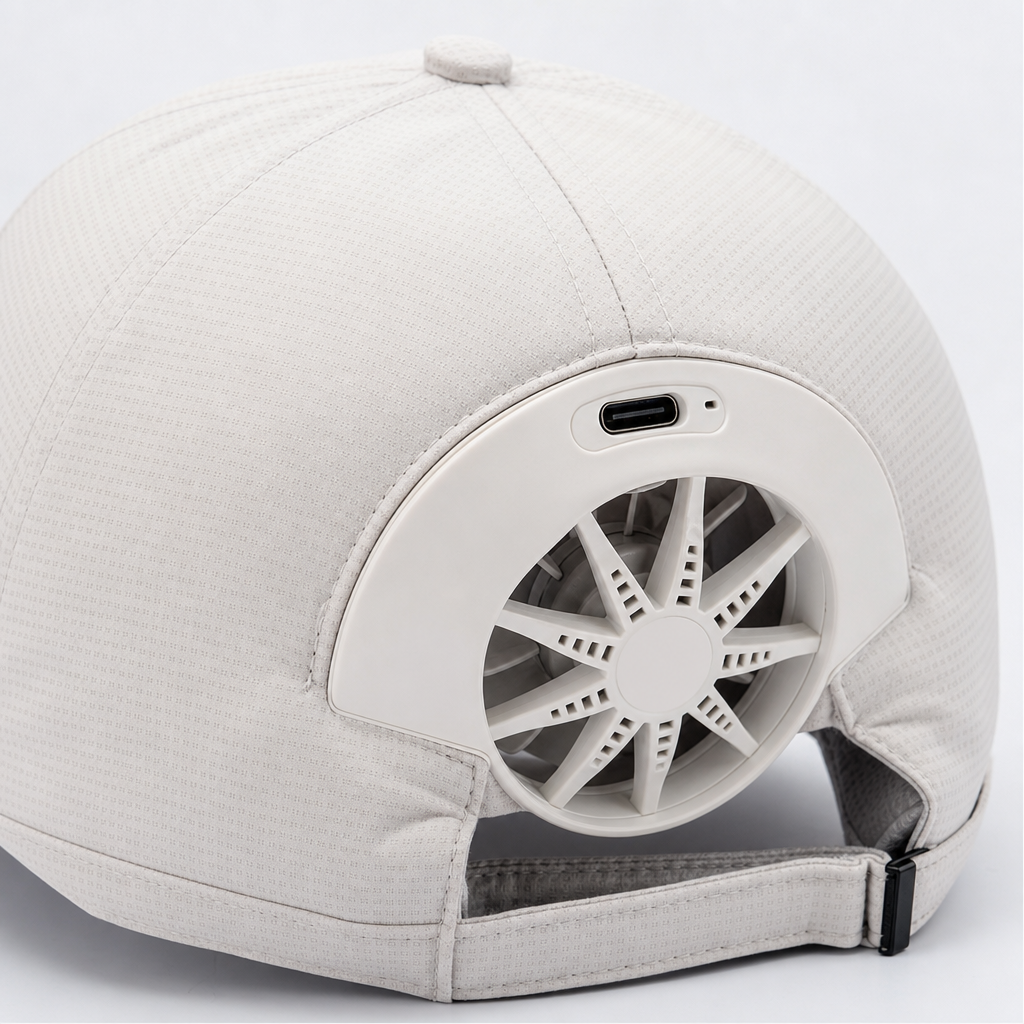 USB rechargeable fan cap detail shot