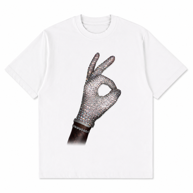 ICEMAN white tee flat lay — rhinestone hand print heavyweight 240gsm cotton boxy fit, Drake ICEMAN inspired