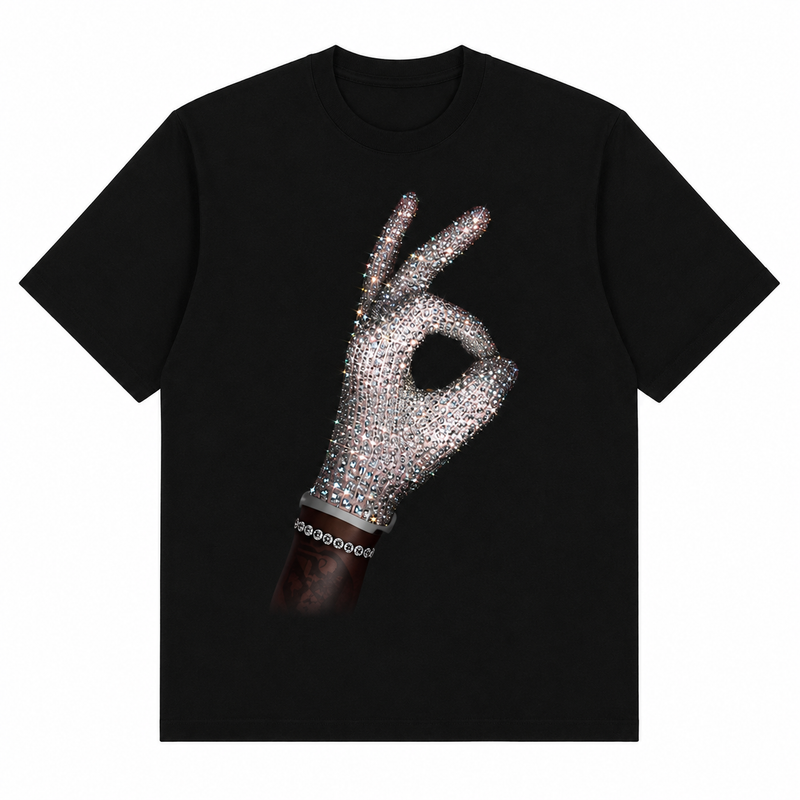 ICEMAN black tee flat lay — rhinestone hand print heavyweight 240gsm cotton boxy fit, Drake ICEMAN inspired