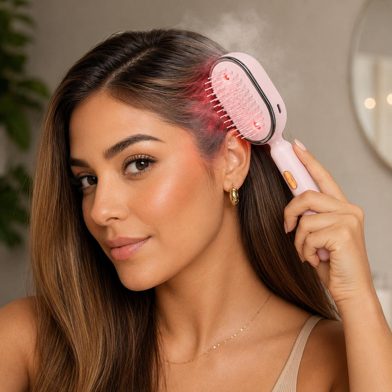 Electric Misting Hair Brush pink lifestyle use image